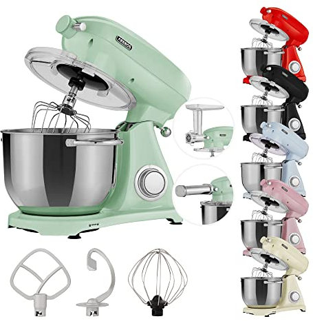 Arebos Retro Küchenmaschine 1800W Grün|Knetmaschine mit 6L Edelstahl-Rührschüssel|Geräuscharm|Küchenmixer mit Rührhaken, Knethaken, Schlagbesen, Spritzschutz|6 Geschwindigkeiten