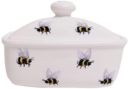 Rainbow Decors Ltd Bees Butter Dish Fine Bone China Bumble Bee Lid Container Hand Decorated in UK, Yellow