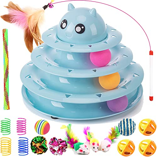 17 Stück Katzenspielzeug Interaktives Katzenspielzeug für Indoor Katzen 3 Schicht Türme Rollenbahnen Katzen Teaser Spielzeug mit Feder Katzenspielzeug, Katzengras, Ball, Glocke, Mausfeder