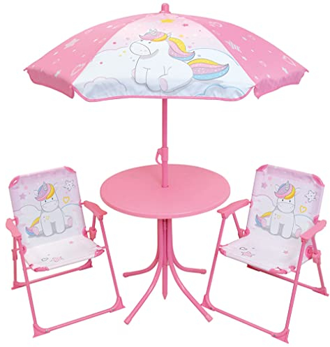 FUN HOUSE Licorne 713396 Salon de Jardin pour Enfant avec Une Table H.46 X Ø46 CM, Deux CHAISES H.53 X L.38,5 X P.37,5 CM ET Un Parasol H.125 X Ø 100 CM