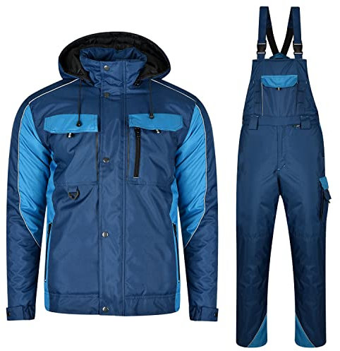 BWOLF Braver Set Arbeitskleidung Herren Winter Arbeitsjacke Herren + Winter Arbeitslatzhose Herren, Winddicht, Wasserabweisend, Warm mit Kapuze (Blau, 2XL)