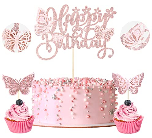 Gyufise 13Pcs Butterfly Cake Topper Glitter Assembled 3D Butterfly Cupcake Toppers With Happy Birthday Cake Topper for Wedding Anniversary Baby Shower kids Birthday Party Rose Gold Pink