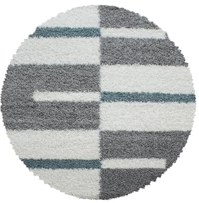 Teppium Kleiner Hochflor Teppich Wohnzimmer 80 cm Rund Türkis - Shaggy Flauschiger Teppich, Extra Weich, Pflegeleicht und Kariertes - für Schlafzimmer, Küche und Esszimmer