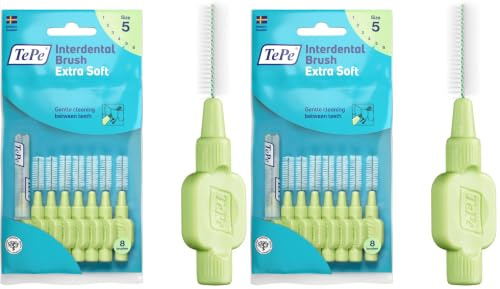 TePe Interdentalbürste, Extra Soft, Grün, 0,8 mm/ISO 5, 8 Stk., Plaque-Entfernung, effiziente Reinigung der Zahnzwischenräume, für große Lücken (Packung mit 2)