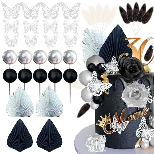 JeVenis Gothic Kuchendekoration schwarze Rose Tortenaufsatz Goth Schmetterling Palmenblätter Punk Kuchendekoration für Hochzeit Brautparty