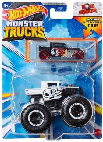 Hot Wheels Monster Trucks Véhicule Jouet Camion Noir et Blanc Bone Shaker + Auto Bone Shaker pour enfants de 3 ans et plus