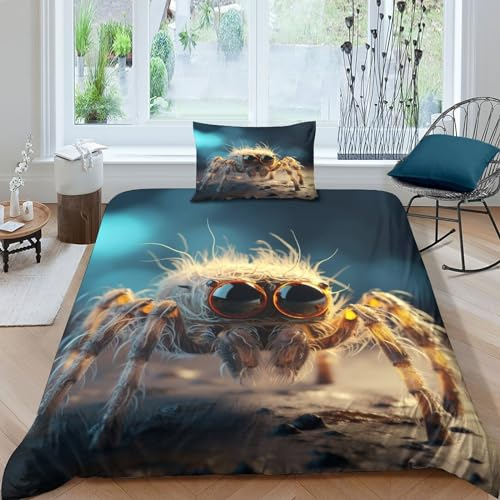 AAHARYA Süße Spinne Bettwäsche-Set 3D Print Springende Spinne Musterdesign Bettbezüge,dreiteiliger Bettbezug Set Microfaser Bettbezüge Single(135x200cm)