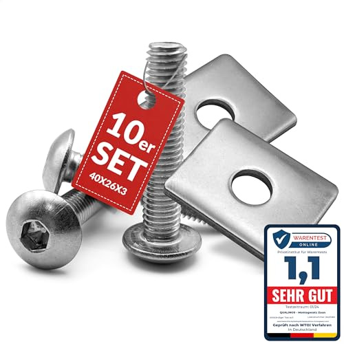 Qualinos 10x Doppelstabmattenzaun Set Klemmplatte + Schraube, 40x26x3 mm | 3mm starkes Edelstahl-Duo, entgratet und poliert, Vollgewinde für dauerhaften Halt, passend zu gängigen Klemmböcken