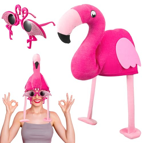 Neer Set de 2 Chapeau et Lunettes de Carnaval Chapeau de Fête de Fantaisie Lunettes de Soleil de Déguisement Accessoires de Costume de Cosplay pour Accessoires de Photo (Flamant)