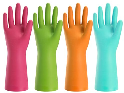 Bamllum Rubber Cleaning Gloves for Kitchen - 4 Pairs Reusable Household Dishwasher Gloves Flexible, Durable and Waterproof (Small, Blue+Green+Red+Orange)