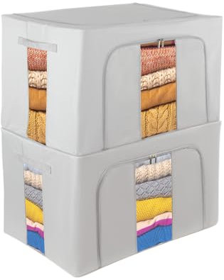 Womanht 2 Pack Closet Organizers and Storage, Foldable Oxford Steel Frame Storage Box with Clear Window & Carry Handles, Stackable Storage Bins Boxes for Clothes & Beddings & Blankets-Light grey 66L