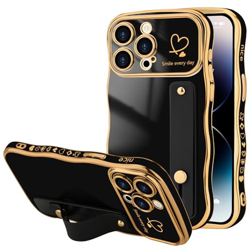 LLZ.COQUE for iPhone 14 Pro Case, Luxury Plating Love-Heart Wave Frame Shape Design, Adjustable Hand Strap Stand Cover, Shockproof Bumper Girls Women Phone Case for iPhone 14 Pro, Black