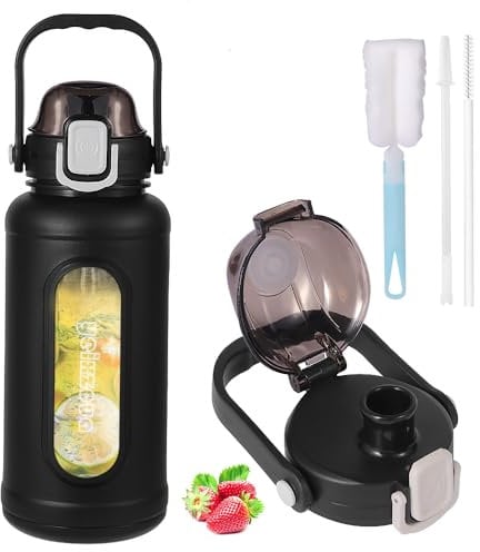 Glasflasche 1.5 liter, Trinkflasche Glas-1.5l, Glasflasche Mit Strohhalm, Wasserflasche Glas- 1.5l- Mit Hülle, Große- Trinkflasche Glas Bruchsicher, Für Gym, Sport, Täglich, Schwarz (Schwarz)
