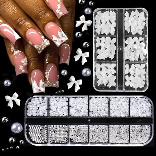 Ruzister Nagelanhänger, flache Perlen, Nagelanhänger mit Schleife und Knoten, silberne Nagelperlen, weiße Halbrunde, Nagelkunstzubehör, Nagelschmuck, DIY Bastelarbeiten