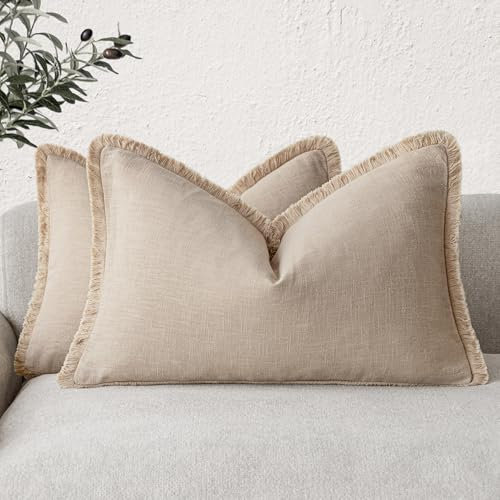 Foindtower Dekorative Leinen-Kissenbezüge, Boho-Stil mit Fransen, Landhaus-Stil, Quasten, weich, Deko-Bezug für Couch, Stuhl, Bett, Wohnzimmer, Inneneinrichtung, 2 Stück, 30,5 x 61 cm, Braunbeige