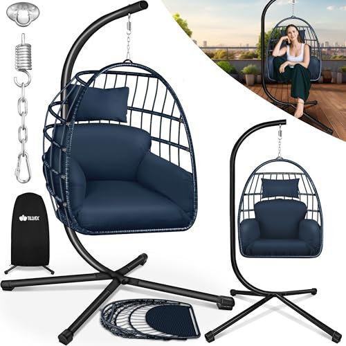 tillvex® Hängesessel mit Gestell, Abdeckung & Decken Halterung | Hängekorb höhenverstellbar mit dickem Kissen | Hängeschaukel faltbar Indoor & Outdoor | Polyrattan Hängesitz Hängestuhl (Navyblau)