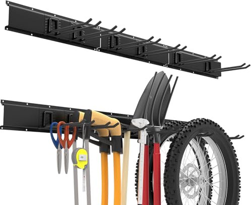 Urban Deco Heavy Duty Garden Tool Rack - 48 Inch, Wall Mounted Garage Tool Organiser with 3 Rails& 6 Adjustable Hooks, Holds Up to 200Kg for Garden Tools, Broom, Trimmers, Shovel, Hoses, Chairs