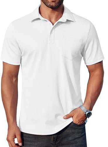COOFANDY Men's Polo Shirts Short Sleeve Summer Basic Golf Polo Shirts Regular Fit Stretch Poloshirts with Pocket White M