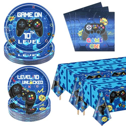 122 Stück Videospiel-Party-Zubehör 10. Geburtstag Videospiel-Party Dekor Papier Teller Servietten Videospiel Tischdecke Gaming Favors für Jungen 10. Geburtstag, serviert 40