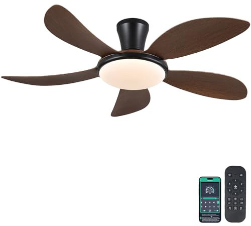 Surtime Brown Ventilatori a soffitto basso con luci e telecomando/APP, Marrone con motore DC reversibile silenzioso, 3 colori dimmerabili e 6 velocità, Moderno a filo per camera e cucina
