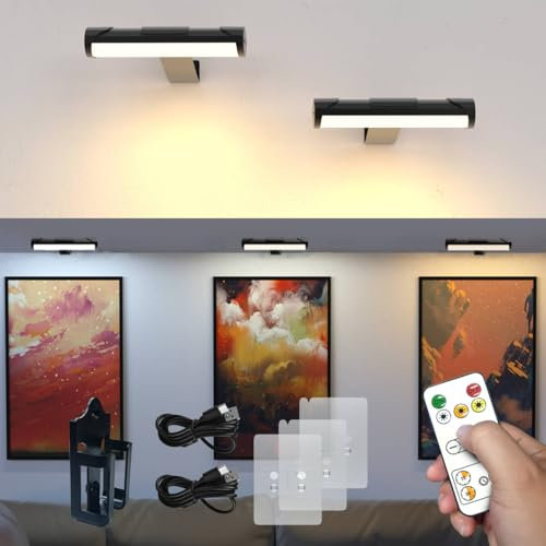 2PK Bilderleuchte mit Fernbedienung, Kabellose Batterie Malleuchte mit 3 Lichtfarben, 2200mAh Wiederaufladbare Display Lampe Dimmbare Timer für Galerie (Schwarz-20cm)