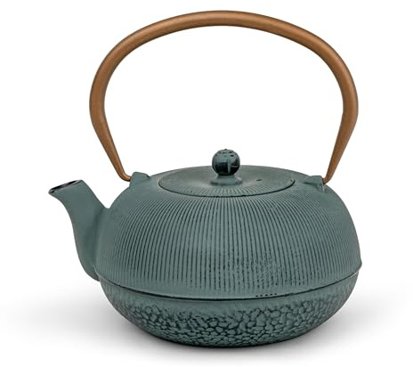 Kleine Guss-Teekanne Induktion 1.0 Liter - blaue asiatische Gusskanne mit Henkel & Edelstahl-Tee-Filter Sieb-Einsatz - optimal für lose Teesorten
