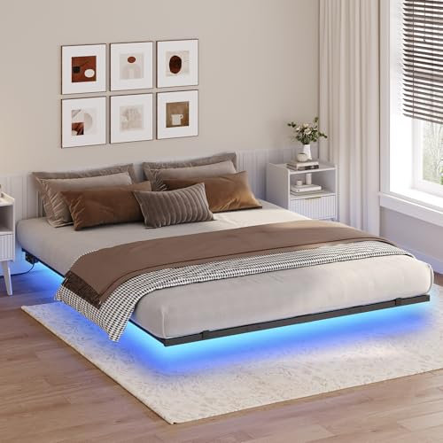 MAHANCRIS Bettgestell 160 x 200 cm, Schwebender Bettrahmen, Bettrahmen mit LED und Ladestation, Holzlattenstütze, Doppelbettgestell, für Schlafzimmer, Gästezimme, Schwarz und Holzfarbe ABFHN638UE01