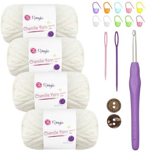 Chenille Wolle zum Häkeln 4x50g(60m/rolle) Flauschige Chenille Garn-Set mit 5mm Häkelnadel & Accessoires Weiche Babywolle für Häkeln & Stricken Chunky, kuschelige Wolle für DIY-Projekte