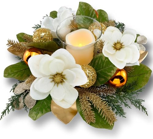 45 cm großes Tafelaufsatz mit flammenlosem LED-Kerzenhalter, Design mit weißer künstlicher Magnolie, goldenen Kugeln und Fichtenzweigen für die Weihnachtsdekoration (Weiß)