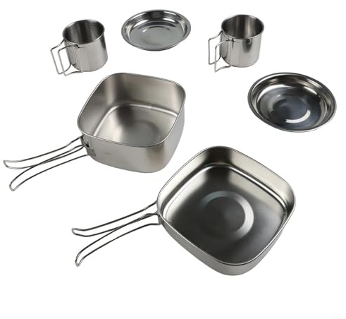 Tragbares Edelstahl Geschirr Set zum Wandern und Camping, perfekt für Outdoor-Aktivitäten, inklusive Tassen, Teller, Hot Pot und Bratpfanne