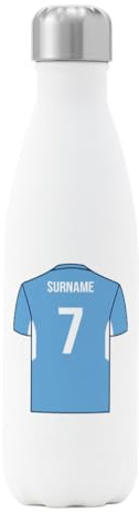 Go Find A Gift Personalised Football Shirt Design Insulated Water Bottle for Manchester City supporters, 500ml capacity - White - Stainless Steel - Great for Citizens fans