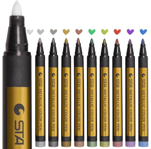 Foneso Metallic Marker Pens Set 10 Colours Metallic Brush Pens 1-2 mm for Photo Album for DIY Wedding Albums, DIY Scrapbook, Card Making, Used on Surface Paper Glass Mug or Ceramic - Eco Friendly