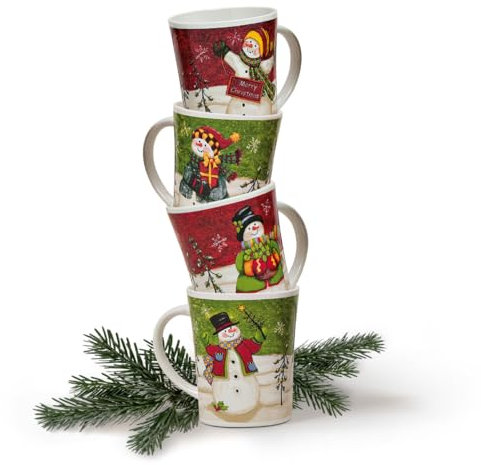 Jumbotasen 36er Set Xmas Schneemänner in rot grün - Große Keramik Kaffeebecher als Weihnachtstassen in 400ml - Kaffeetassen für Weihnachten spülmaschinenfest und mikrowellengeeignet