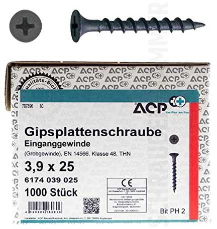 ACP Schnellbauschrauben Grobgewinde 3,9 x 25 mm - 5000 Stück, PH 2, Gipsplattenschraube Einganggewinde, phosphatiert