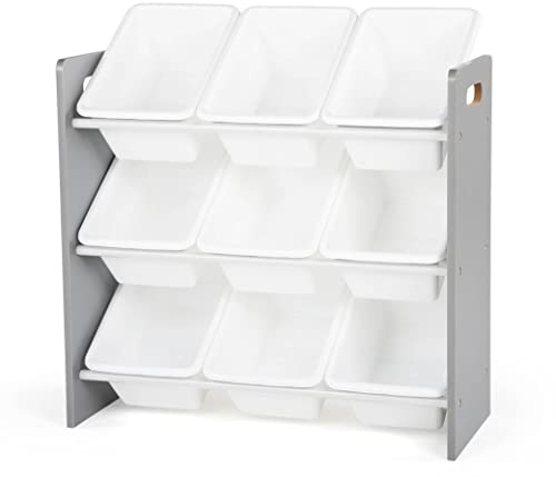 Humble Crew Inspire Wooden Toy Storage Organiser for Children, with 9 BPA Free Plastic Removeable Storage Bins, Ideal for Storing Toys, Games, Books and Craft Supplies - Grey/White