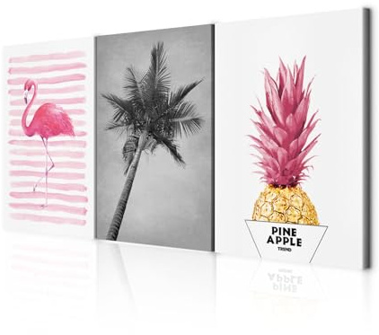 decomonkey Wandbilder Flamingo 60x30 cm 3 Teilig Wandbild Groß Wohnzimmer | Leinwandbild XXL, Deko, Schlafzimmer, Büro, Wanddeko, Leinwand, Pictures For Wall, Poster, Wall Painting, Pineapple, Ananas