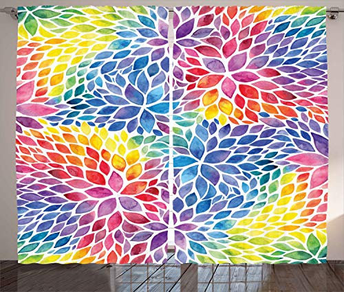 ABAKUHAUS Bunt Rustikaler Vorhang, Regenbogen farbige Blätter, Wohnzimmer Universalband Gardinen mit Schlaufen und Haken, 280 x 225 cm, Blau Magenta