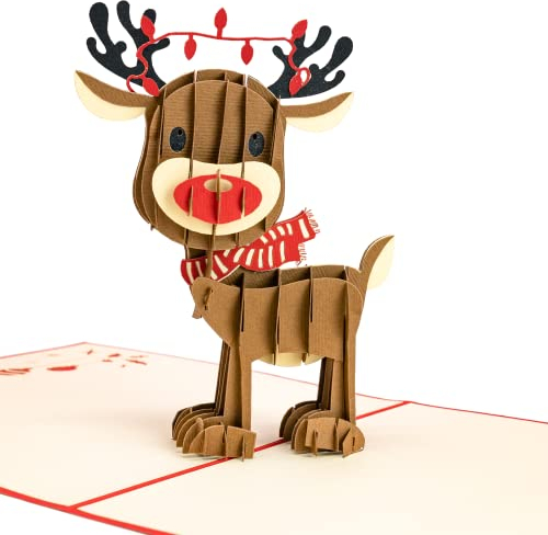 LIMAH 3D Pop Up Weihnachts-Karte, X-Mas-Karte, mit einem Rentier und Frohe Weihnachten Aufschrift. Mit einem integrierten kleinen Umschlag für ein Gutschein- oder Geschenkkarte
