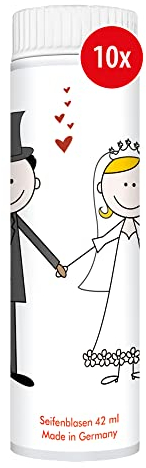 PUSTEFIX Seifenblasen Set I 10 x Klassik 42ml Hochzeit Comic I Bunte Hochzeits-Bubbles Made in Germany I Seifenblasen für Hochzeit, Standesamt, Polterabend, Kinder-Geburtstag I 10 x 42 ml Vorteilspack
