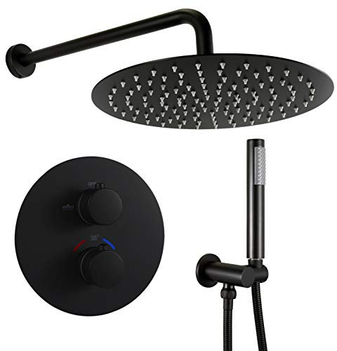 Ensemble de douche thermostatique encastré en laiton avec pommeau de douche de 30,5 cm et mitigeur thermostatique inverseur 2 voies Noir mat