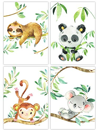 Pandawal 4er Poster Set Dschungel Tiere Babyzimmer I Kinderzimmer Deko Junge und Mädchen Bilder süße Wanddeko mit Faultier Panda Affe Koala DIN A4 Format