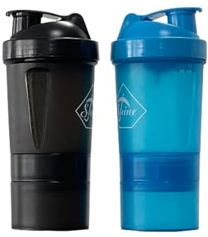 2 PACK PROTEIN BOTTLE SHAKERS WITH TIGHT LIDS FOR SPORTS AND FITNESS with compartments (2 PACK, BLUE/BLACK)