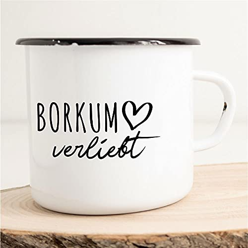 Huuraa Emaille Tasse Borkum Geschenk Kaffeebecher Vintage 300ml Borkum Geschenkidee