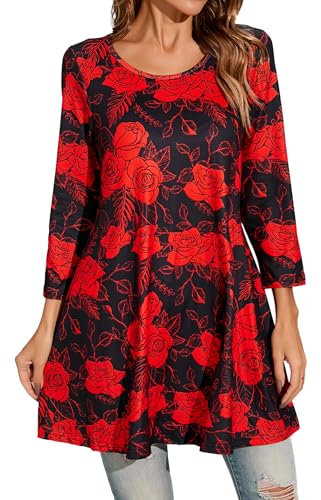Enmain Women Tunic Top 3/4 Sleeve Flower Printed Long Shirts Casual Round Neck Ladies Longline Blouses Pluse Size Shirts for Daily Black/Red XXL