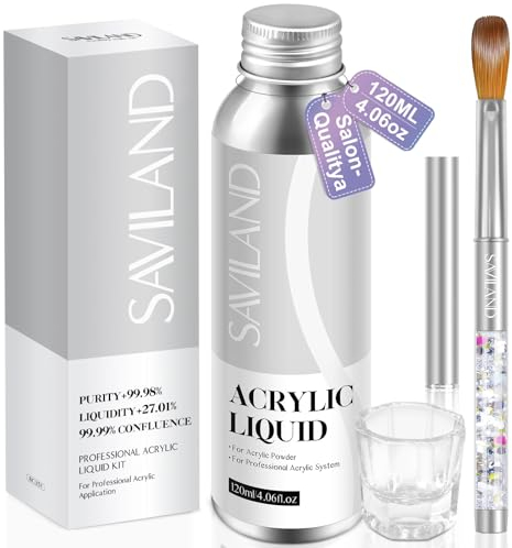 Saviland Monomer for Acrylic Nails, 120ml Acrylic Liquid Monomer Professional EMA Acrylic Monomer Liquid with Acrylic Nail Brush 12# Dappen Dish Non-Yellowing Monomer for Acrylic Powder Nail Extension