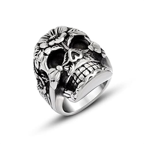 Whoiy Ring Blumen, Promise Ring for Men Edelstahl Vintage Flower Skull Ring Breit 25,3 mm Silber Zum Valentinstag Jahrestag