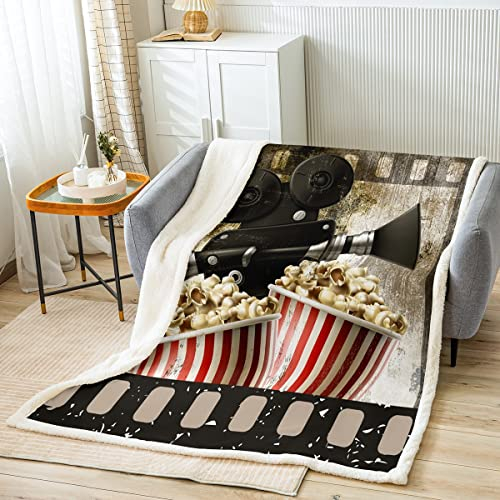 Film Theater Decke 150x200cm Vintage Kino Poster Design Kuscheldecke für Kinder Jugendliche Popcorn Wohndecke Old Mode Home Dekor Flanell Fleecedecke Schlafzimmer Dekor Couchdecke für Couch Sofa