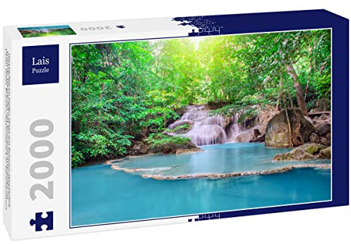 Lais Puzzle Chute d'eau dans la forêt Profonde aux Chutes d'Erawan, Belle Chute d'eau avec des Rayons de Soleil dans la forêt Profonde, Parc National d'Erawan à Kanchanaburi 2000 pièces