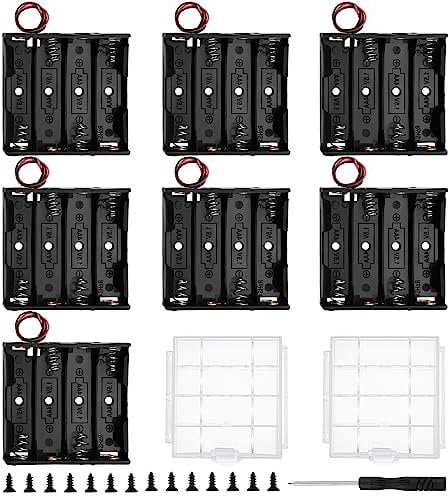 7 PCS 4 AA Battery Holder Bundle, KUOQIY 4 x 1.5V AA Battery Storage Box with Wire, with 2 PCS Plastic Battery Storage Box & Screwdriver & Screws