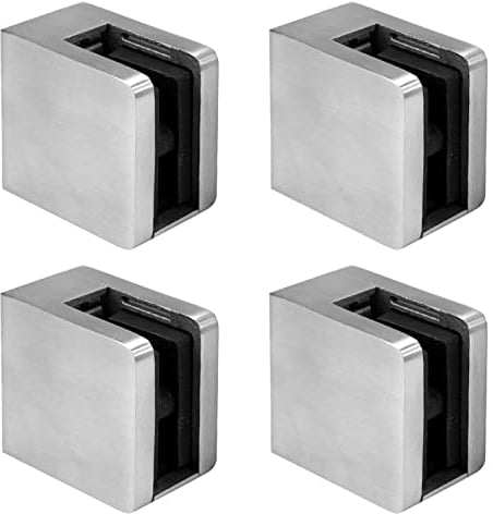 PRIOstahl Glashalter 4 Stück Glasklemmen Klemmhalter Glasplattenhalter mit Sicherungsplatte + Sicherungsstift 45 x 45 x 28 mm Anschluss: Flach für Glas 10,76 mm aus Edelstahl V2A
